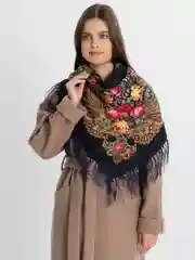 Синий меланж женский русский платок, с бахромой