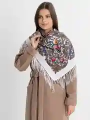 Серебряный женский русский платок, с бахромой