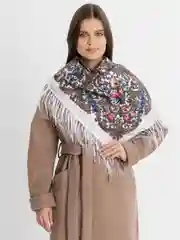Серебряный женский русский платок, с бахромой
