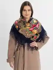 Синий меланж платок женский, в русском стиле, с бахрамой, с цветами