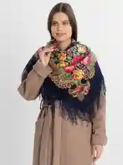 Синий меланж платок женский, в русском стиле, с бахрамой, с цветами