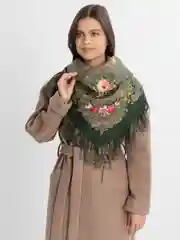 Оливковый женский русский платок, с бахромой