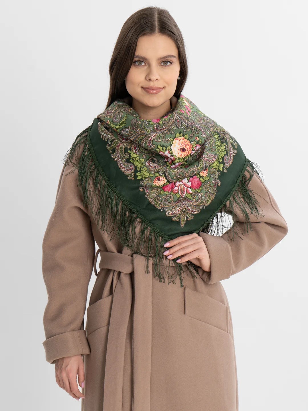 Оливковый женский русский платок, с бахромой