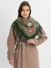 Оливковый женский русский платок, с бахромой