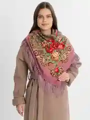 Кораллово-розовый платок женский, в русском стиле, с бахрамой, с цветами