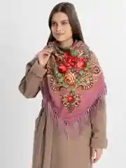 Кораллово-розовый платок женский, в русском стиле, с бахрамой, с цветами
