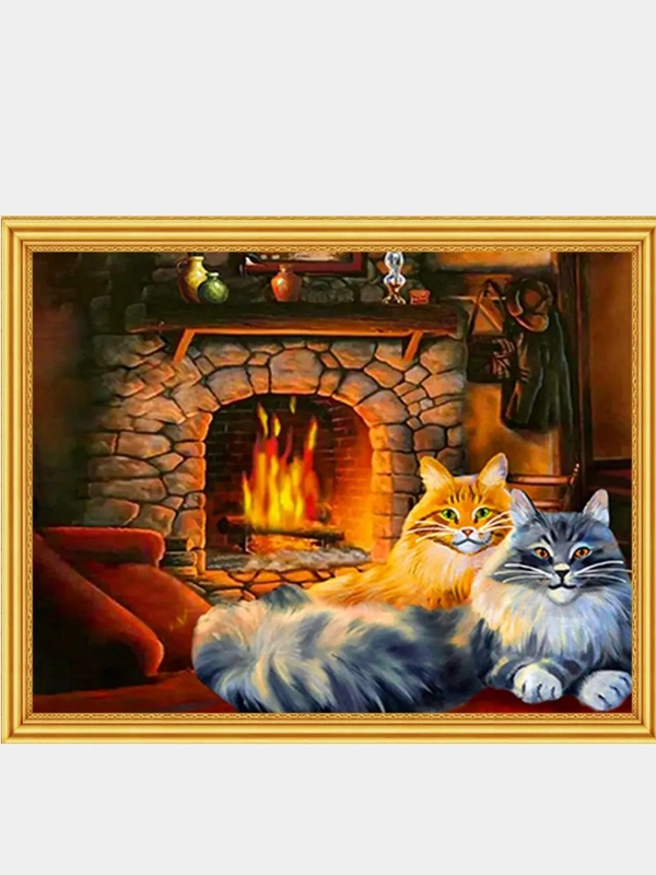 Алмазная мозаика "Коты у камина", без подрамника, полная выкладка, 40 х 50 см