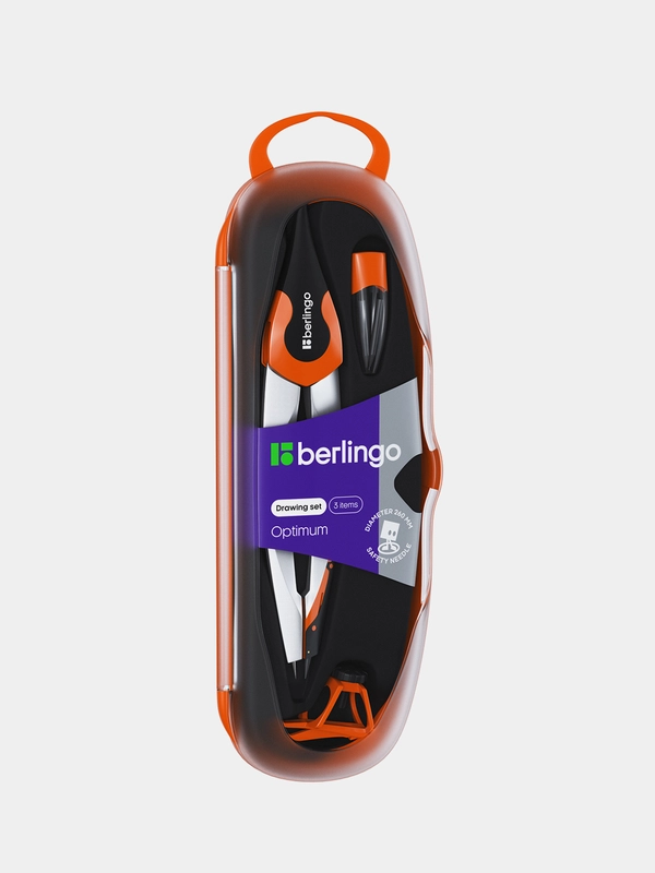 Готовальня Berlingo "Optimum", 3 предмета, циркуль 135мм, пластиковый футляр, оранжевый