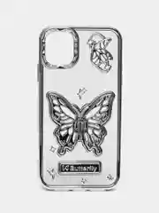 Серебряный чехол на Айфон Apple IPhone  11 12 13 14 Pro Max с подставкой бабочка