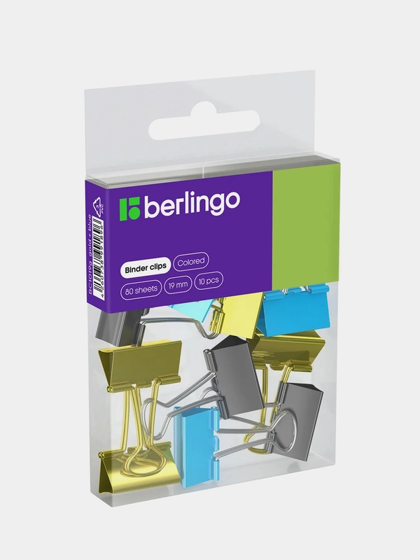 Зажимы для бумаг Berlingo, 19мм, 10 штук, цветные, голубой и золотой
