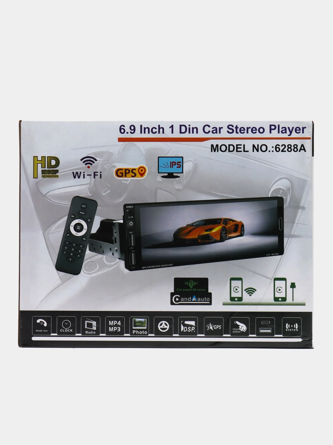 Магнитола 1 DIN с Android 13, 2GB+32GB, экран 6,9", Bluetooth, USB