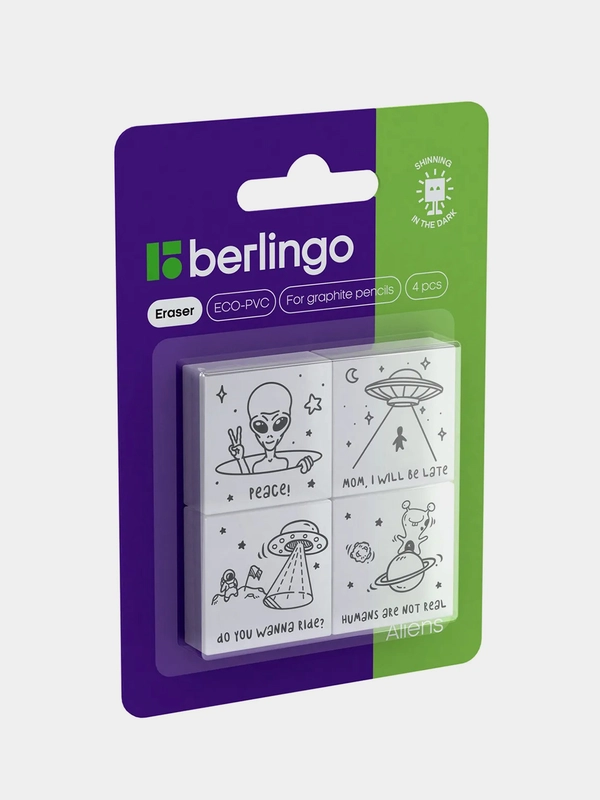Ластик Berlingo "Aliens", 4шт., 28*28*12мм, флуоресцентный, блистер
