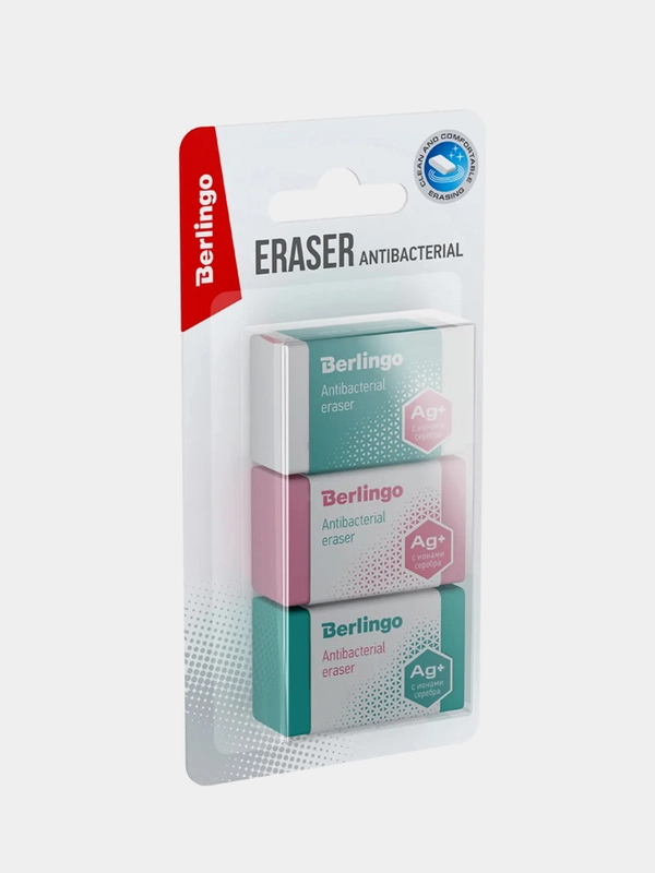Ластик Berlingo "Antibacterial", 3шт., 42*26*17мм, блистер