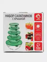 Зеленый набор стеклянных салатников "Классика" с крышками, 900мл, 500мл, 350мл, 200мл, 130 мл