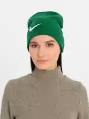 Лесной зеленый шапка женская двухслойная трикотажная с нашивкой Найк (Nike)