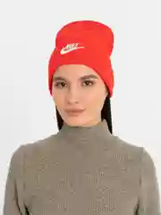 Алый шапка женская двухслойная трикотажная с нашивкой Найк (Nike)