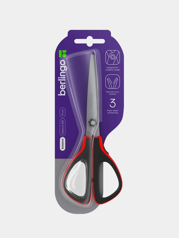 Ножницы Berlingo "EASYCUT 300", 19см, красные, мягкие вставки, европодвес