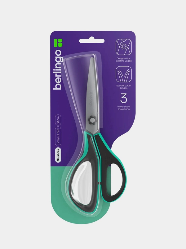 Ножницы Berlingo "EASYCUT 350", 18 см, бирюзовые, эргономичные ручки, мягкие вставки
