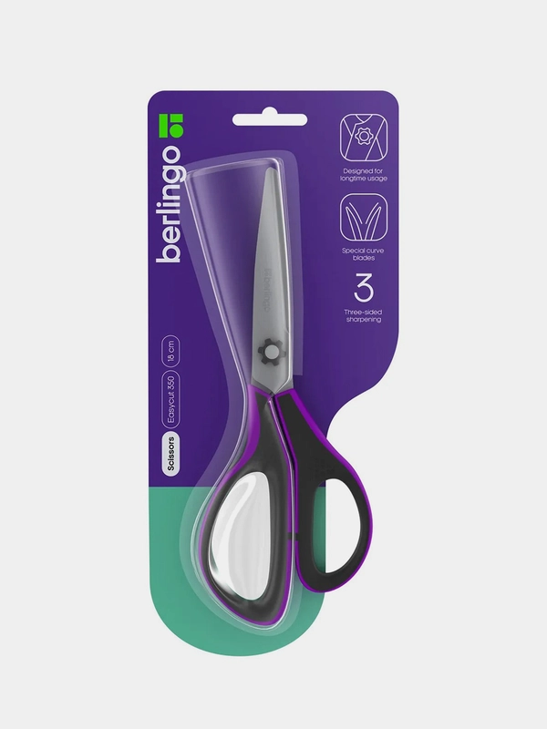 Ножницы Berlingo "EASYCUT 350", 18см, сиреневые, эргономичные ручки, мягкие вставки