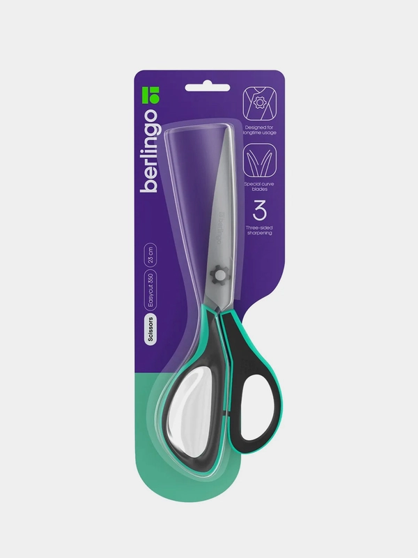 Ножницы Berlingo "EASYCUT 350", 23см, бирюзовые, эргономичные ручки, мягкие вставки