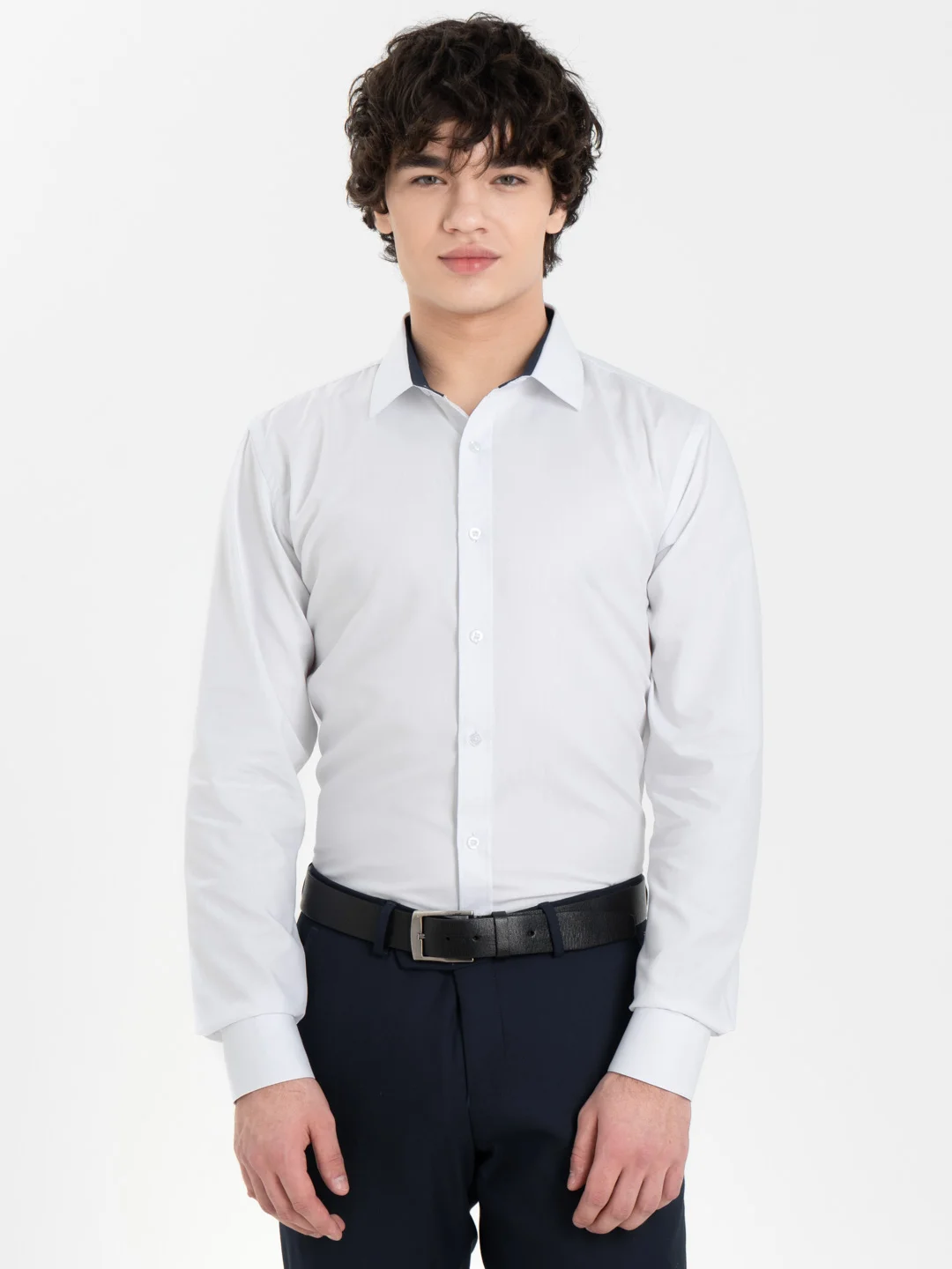 Белый рубашка мужская с длинным рукавом, приталенная Slim Fit