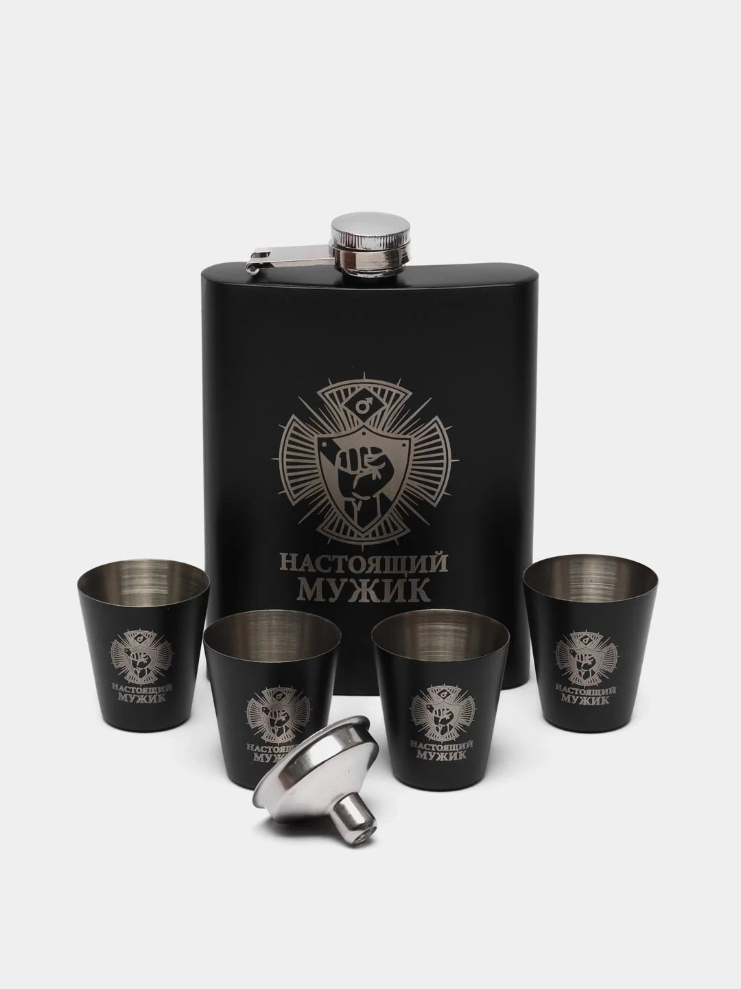 Подарочный мужской набор "  Настоящий мужик" 4в1:фляжка, рюмка, воронка, шахматы