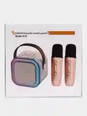 Розовый портативная колонка караоке с 2-мя микрофонами и подсветкой, блютуз. Детская колонка
