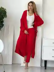 Красный костюм - двойка женский, брючный, с длинным кардиганом