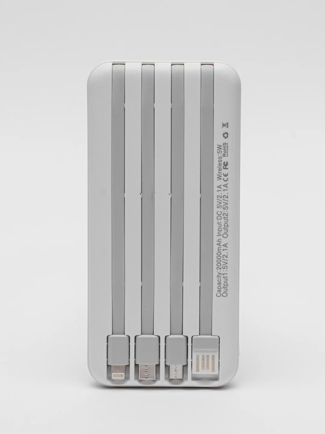 Белый powerbank с беспроводной зарядкой / Повербанк с встроенными проводами 10000 / 20000 мАч