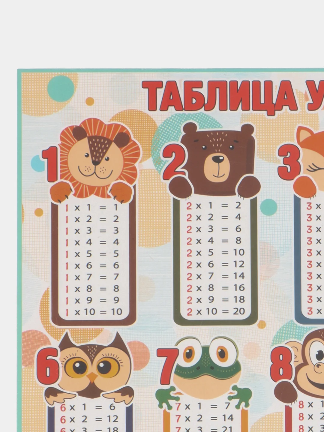 Обучающий плакат шпаргалка Таблица умножения с животными 59,5х44 см