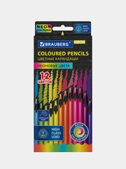 Карандаши цветные BRAUBERG NEON, 12 неоновых цветов, черное дерево, трёхгранные, 181852