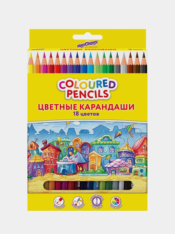Карандаши цветные ЮНЛАНДИЯ "ДОМИКИ", 18 цветов,пластиковые,классические, грифель мягкий
