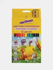 Карандаши цветные утолщенные ЮНЛАНДИЯ "СКАЗОЧНЫЙ МИР", 12 цветов, трехгранные, с ТОЧИЛКОЙ