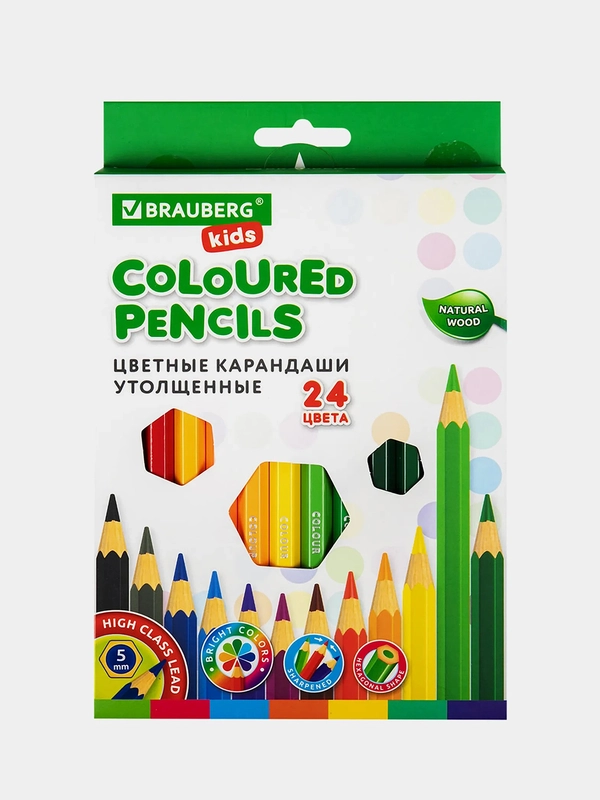 Карандаши цветные утолщенные BRAUBERG KIDS 24 цвета, грифель 5 мм, 181879