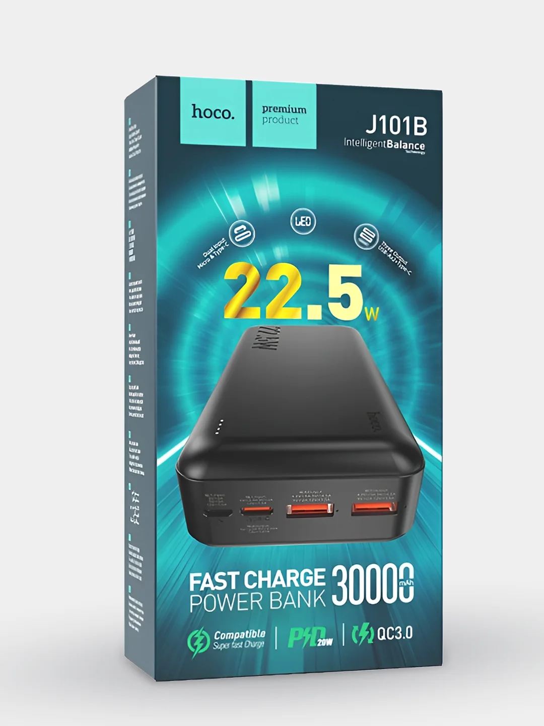 Черный внешний аккумулятор hoco J101B 22.5w QC3.0+PD20W 30000 mah повербанк быстрая зарядка