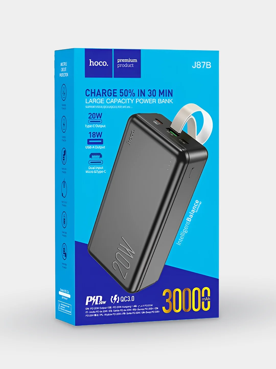 Черный внешний аккумулятор 30000 mAh с быстрой зарядкой Hoco J87B Tacker Power Bank (PD/QC)