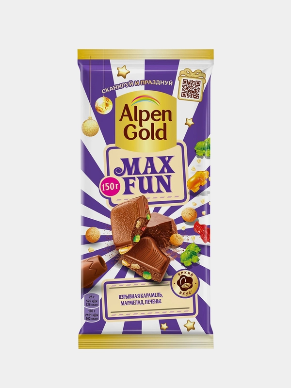 Шоколад Alpen Gold Max Fun, с карамелью мармеладом и печеньем, 140 г