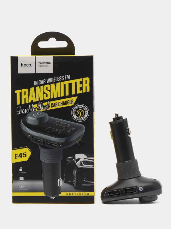 Автомобильное ЗУ Hoco E45 Happy route, USB-А, с беспроводным FM трансмиттером, чёрный