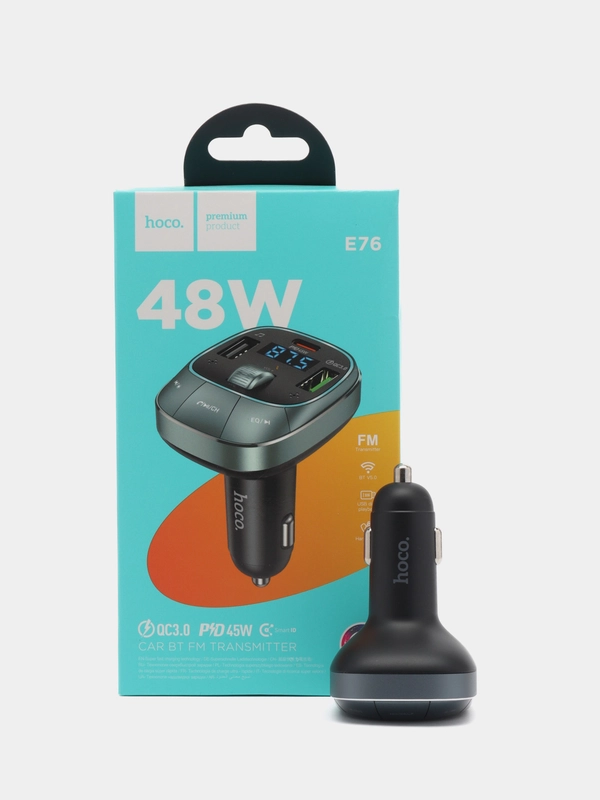Автомобильное зарядное устройство FM-Трансмиттер HOCO E76, 2*USB+Type-C PD45W, 48W, черный