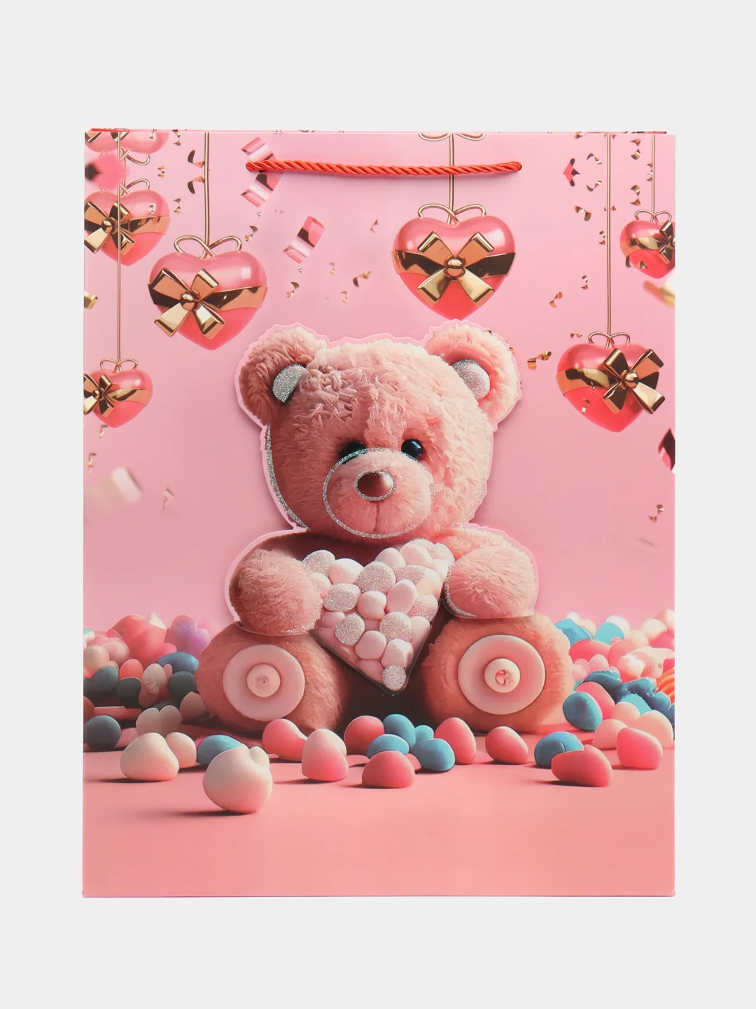 Кораллово-розовый пакет бумажный "Мишки" 31*40*12см RQ-925L
