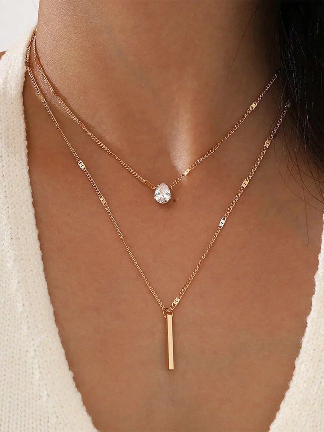 Серебряный женская цепочка-колье, с камнем, регулируемая, 2 штуки, многослойная