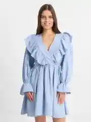 Голубой платье женское с рюшами, вельвет