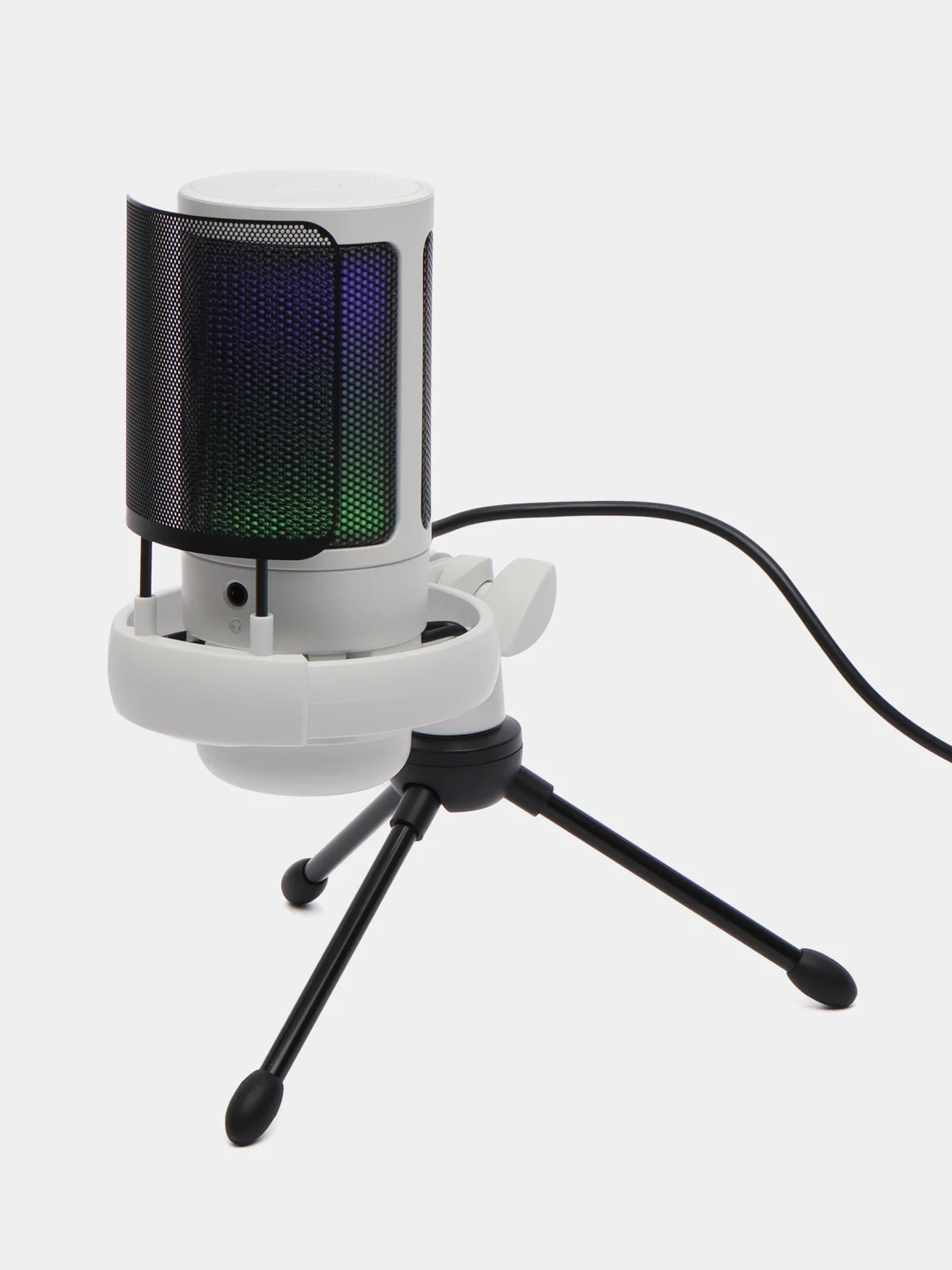 Белый конденсаторный студийный микрофон с треногой и поп-фильтром, с RGB-подсветкой