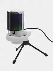 Белый конденсаторный студийный микрофон с треногой и поп-фильтром, с RGB-подсветкой
