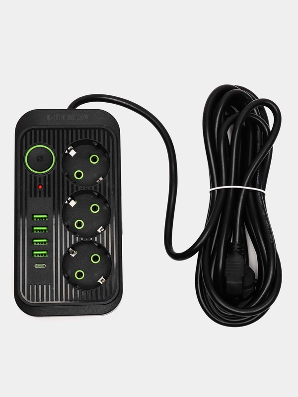Удлинитель сетевой, фильтр 5 метров, 3 розетки с 4 USB и 1 Type-C портами и кнопкой, черный