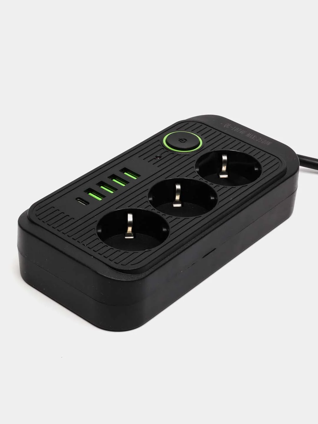Удлинитель сетевой, фильтр 5 метров, 3 розетки с 4 USB и 1 Type-C портами и кнопкой, черный