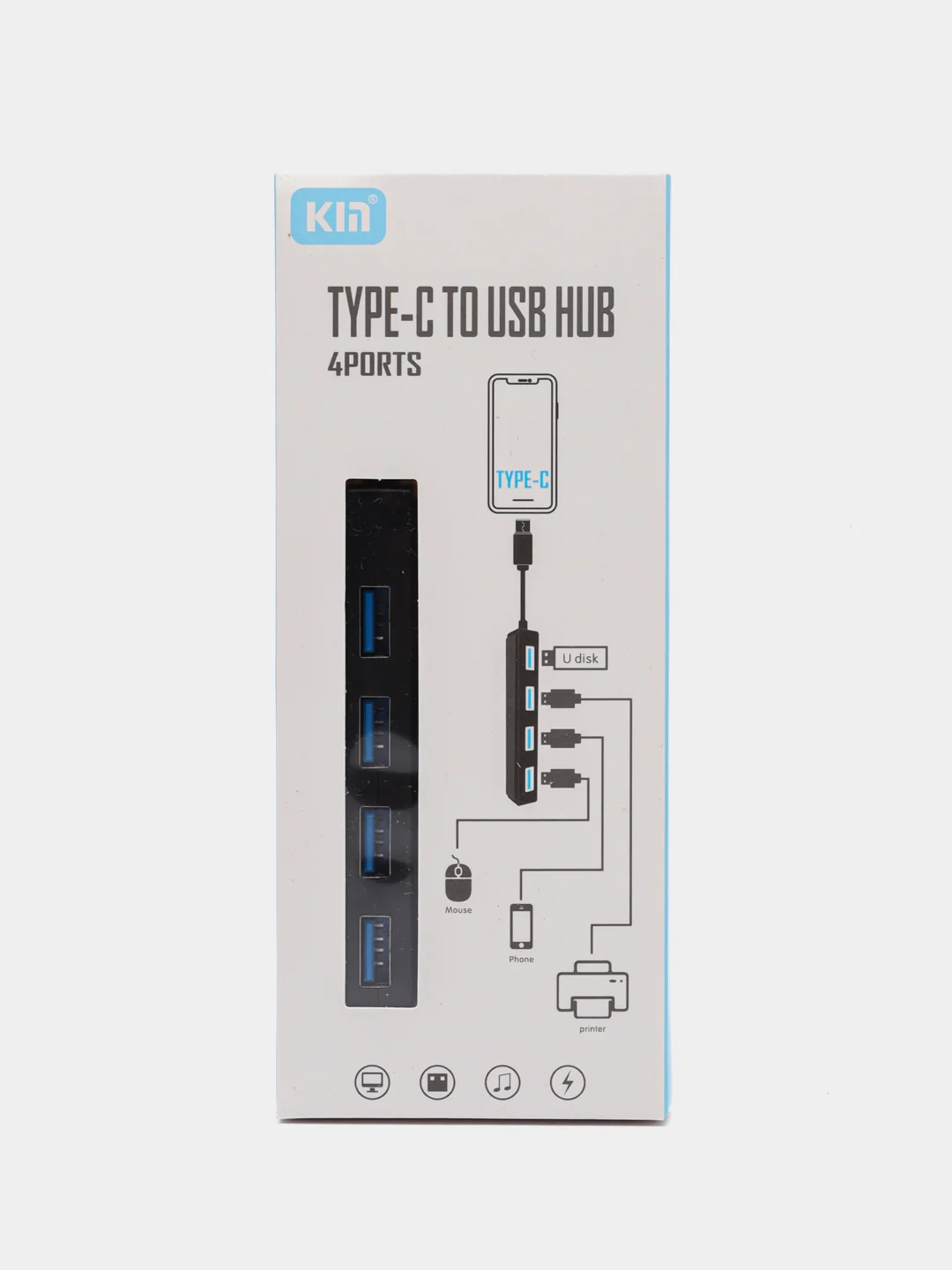 Черный переходник Type-C HUB. Адаптер на 4 порта USB 2.0 HUB KY 163. Концентратор универсальный