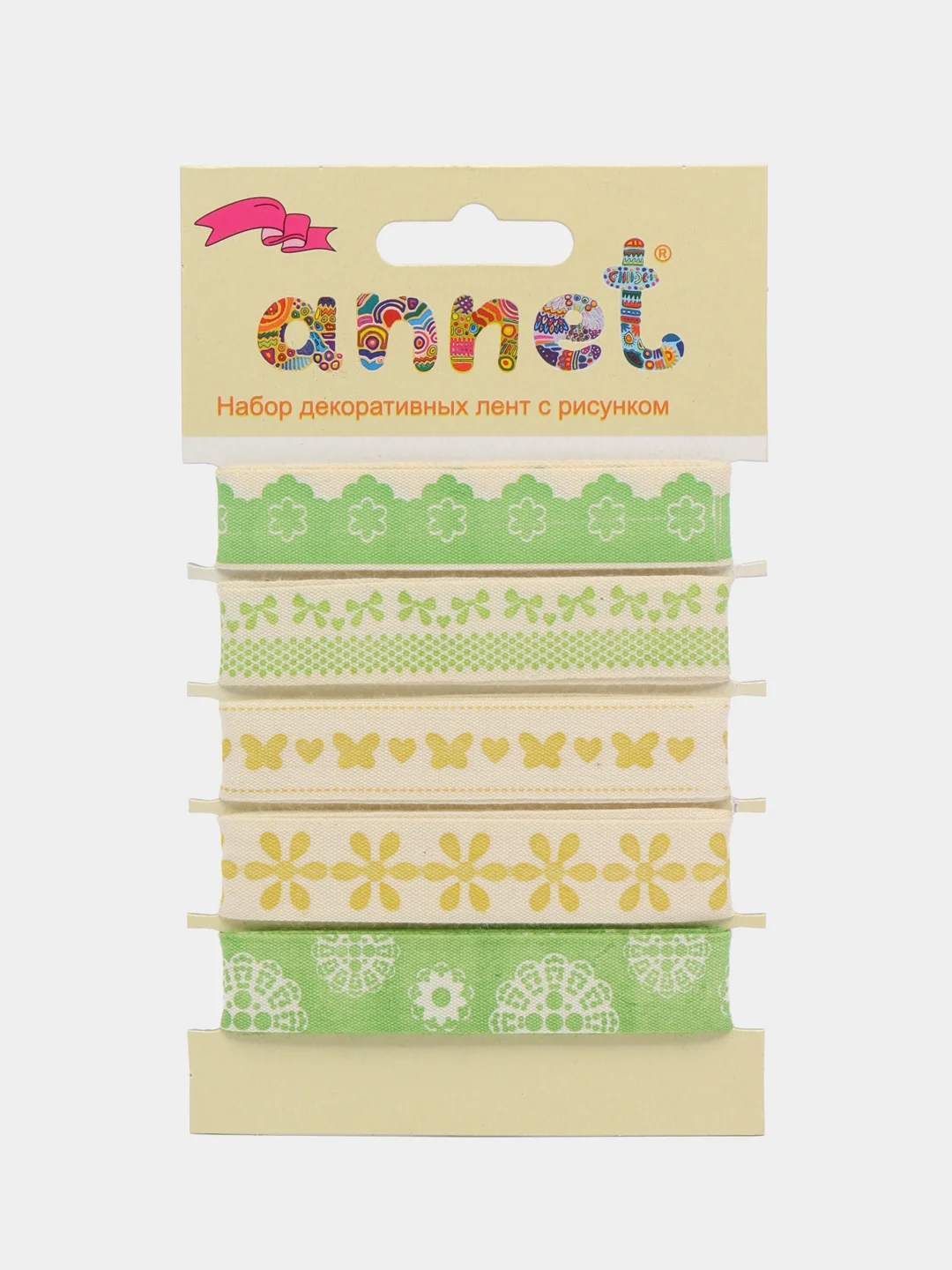 Лайм набор декоративных лент с рисунком Annet.хлопковые ленты ширина 16мм,5 отрезов длина по 1м