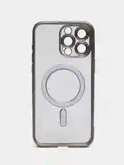 Серый металлик прозрачный силиконовый чехол Magsafe для iPhone (Айфон) 13/14/15/Pro/Max матовый, Magnetic