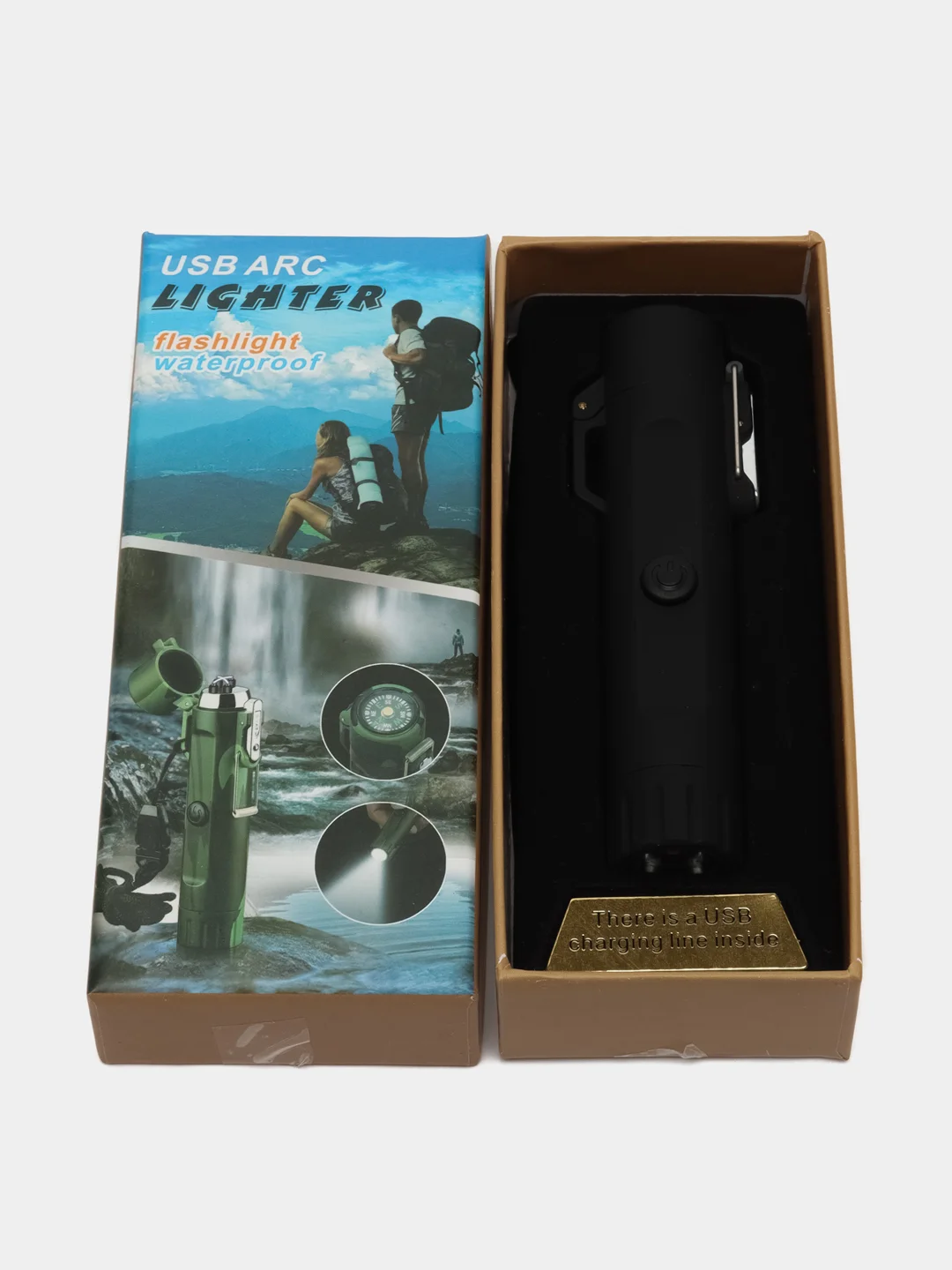 Черный зажигалка электронная, с фонарем и компасом, USB